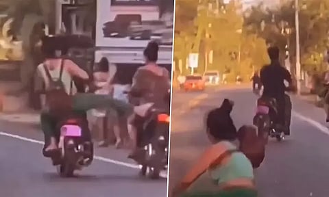 தன் வினை தன்னை சுடும்...பைக்கில் சென்று கொண்டிருந்தவரை ஓங்கி உதைத்த பெண்...தலைகுப்புற விழுந்தார்...!