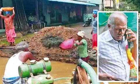 குரோம்பேட்டையில் தேங்கிய நீரை வெளியேற்றாமல் மழைநீர் கால்வாய் அமைக்கும் பணியில் ஈடுபட்ட அதிகாரி