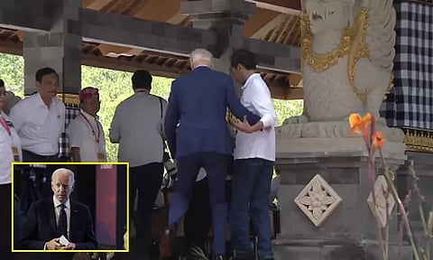 இந்தோனேசியா: தவறி விழ போன ஜோ பைடன்; தாங்கி பிடித்த ஜோகோ விடோடோ