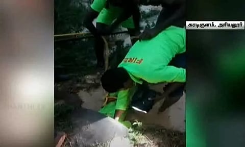 அரியலூரில் வடிகால் குழாய்க்குள் சிக்கிய நாய்க்குட்டிகளை போராடி மீட்ட தீயணைப்புத்துறையினர்