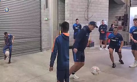 மழையால் ஆட்டம் பாதிப்பு: இடைப்பட்ட நேரத்தில் கால்பந்து விளையாடி மகிழ்ந்த இந்தியா-நியூசிலாந்து அணி வீரர்கள் - வீடியோ