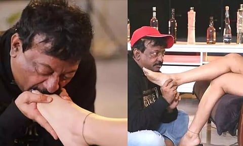 எல்லை மீறும் டைரக்டர்...! விளம்பரத்திற்காக நடிகையின் காலில் உட்கார்ந்து பின்னர் முத்தம் வேறு...!