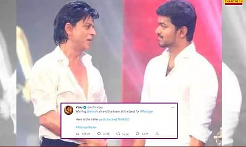 ஷாருக்கான் நடிக்கும் 'பதான்' திரைப்படத்தின் தமிழ் டிரைலரை தனது டுவிட்டரில் வெளியிட்டார் நடிகர் விஜய்