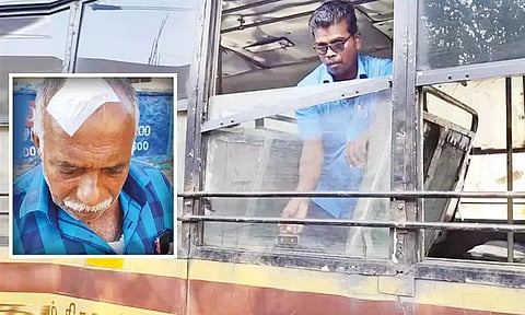 ஓடும் அரசு பஸ்சில் ஜன்னல் கண்ணாடி உடைந்து விழுந்தது; முதியவர் காயம்