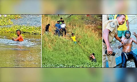 3-வது முறையாக கூவம் ஆற்றில் விழுந்த வாலிபர்: போராடி மீட்ட தீயணைப்பு துறையினர்