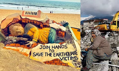 துருக்கி நிலநடுக்கத்தால் பாதிக்கப்பட்டுள்ளவர்களுக்கு ஆதரவளிக்கும் விதமாக மணற்சிற்பம் வடிவமைப்பு..!