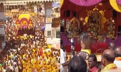 திண்டுக்கல் கோட்டை மாரியம்மன் கோவில் பூத்தேர் ஊர்வலம் கோலாகலம் - திரளான பக்தர்கள் சாமி தரிசனம்