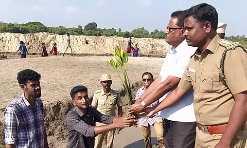 சுற்றுலா மைய வனப்பகுதியில் மரக்கன்றுகள் நடும் பணி