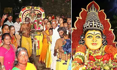 சமயபுரம் மாரியம்மன் கோவிலுக்கு பூக்கள் எடுத்துச்சென்ற பக்தர்கள்