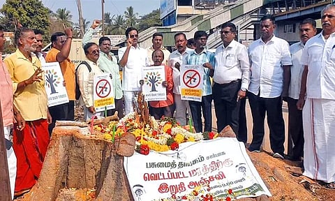 குரோம்பேட்டையில் சுரங்கப்பாதைக்காக வெட்டப்பட்ட அரச மரத்துக்கு மாலை அணிவித்து நூதன ஆர்ப்பாட்டம்