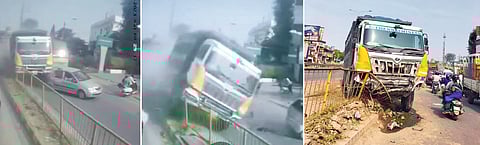 தறிகெட்டு ஓடிய டிப்பர் லாரி சாலை தடுப்பு மீது மோதி விபத்து