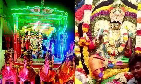 சமயபுரம் மாரியம்மன் கோவிலுக்கு பூக்களை எடுத்துச்சென்ற பக்தர்கள்