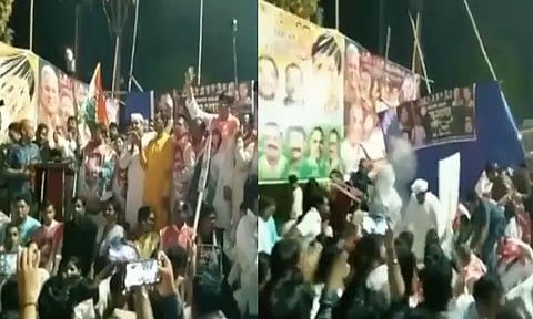 ராகுல் காந்தி விவகாரம்: சத்தீஷ்காரில் காங்கிரஸ் பேரணியில் திடீரென சரிந்த மேடை; பரபரப்பு வீடியோ