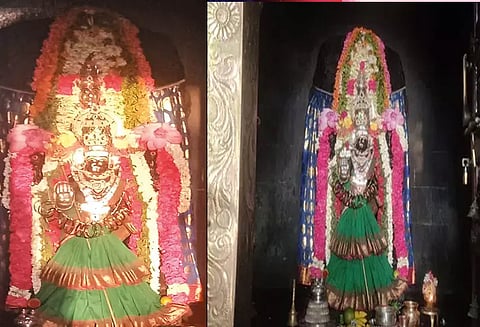 உத்திரமேரூர் துர்க்கை அம்மன் கோவில் மூலவர் மீது சூரிய ஒளி கதிர்கள்