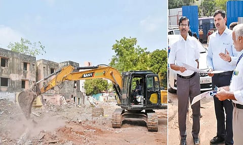 மறுகட்டுமான திட்டத்தின்கீழ் பழைய அடுக்குமாடி குடியிருப்புகளை இடிக்கும் பணி