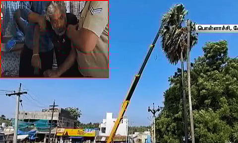 "தலைக்கேறிய போதை..!" 120 அடி உயர பனை மரத்தில் உறங்கிய மதுபிரியர் ராட்சத கிரேன் மூலம் மீட்பு.!