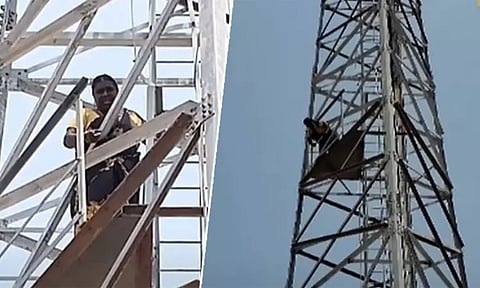 கரூரில் செல்போன் டவர் மீது ஏறி தற்கொலை மிரட்டல் விடுத்த பெண் - சமரச பேச்சுவார்த்தை நடத்தும் போலீசார்