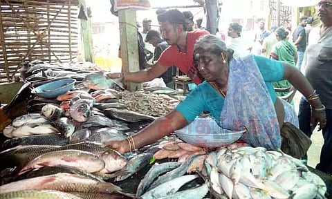 தடைக்காலம் காரணமாக வரத்து குறைந்ததால்ஈரோடு மார்க்கெட்டில் மீன்கள் விலை உயர்வுவஞ்சிரம் கிலோ ரூ.1,200-க்கு விற்பனை