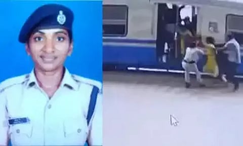 ஓடும் ரெயிலில் ஏற முயன்று தவறி விழுந்த பெண்ணை காப்பாற்றிய ரெயில்வே போலீஸ்...!