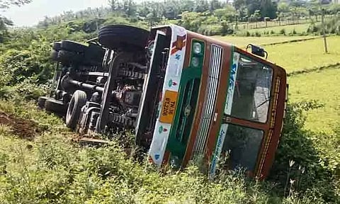 பள்ளத்தில் கவிழ்ந்த லாரி; டிரைவர் உயிர் தப்பினார்