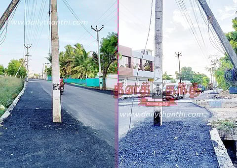 ஈரோடு வில்லரசம்பட்டியில் மின்கம்பங்களை அகற்றாமல் போடப்பட்ட தார்சாலை; விபத்து ஏற்படும் அபாயம்