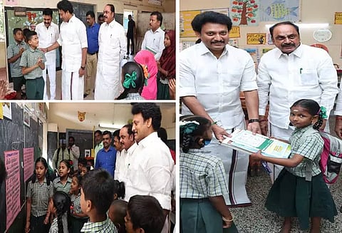 பல்லாவரத்தில் உள்ள தாம்பரம் மாநகராட்சி தொடக்கப்பள்ளியில் அமைச்சர் அன்பில் மகேஷ் பொய்யாமொழி திடீர் ஆய்வு