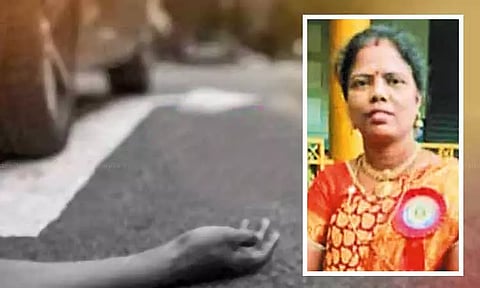 லாரி சக்கரத்தில் சிக்கி பள்ளி ஆசிரியை பலி: கணவர் கண் எதிரே பரிதாபம்