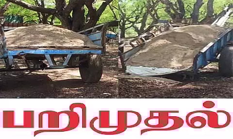 அனுமதியின்றி மணல் ஏற்றி வந்த 2 மாட்டுவண்டிகள் பறிமுதல்
