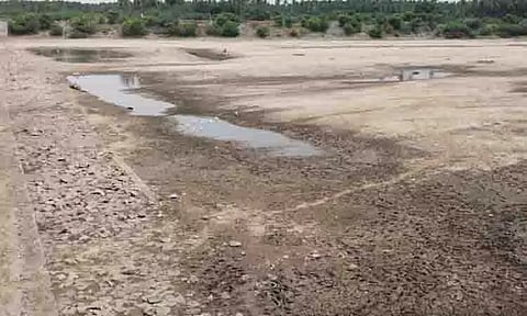 தண்ணீர் இல்லாமல் வறண்டு கிடக்கும் பெரிய ஆண்டாங்கோவில் தடுப்பணை