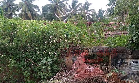 புதர் சூழ்ந்த பழைய பள்ளி கட்டிடம்