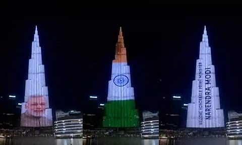 பிரதமர் மோடி துபாய்க்கு அரசுமுறைப் பயணம் - புர்ஜ் கலீபாவில் ஒளிர்ந்த இந்திய தேசிய கொடி