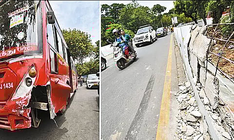 அண்ணா மேம்பாலத்தில் விபத்தில் சிக்கிய மாநகர பஸ் - சுவரை உடைத்து போலீசார் மீட்டனர்