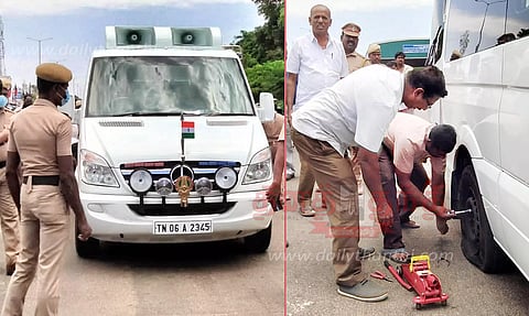 முதல்-அமைச்சர் மு.க.ஸ்டாலின் பயணம் செய்த வேன் பஞ்சரானதால் பரபரப்பு