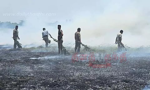 பாகூர் ஏரி கோரை புற்களில் தீப்பிடித்ததால் பரபரப்பு