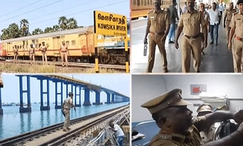 பாம்பன் ரயில் பாலத்தில் மூன்றடுக்கு பாதுகாப்பு பணியில் ஈடுபட்டுள்ள போலீசார்