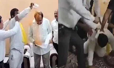 மராட்டிய மந்திரி மீது மஞ்சள் பொடி தூவிய நபர்; கோரிக்கையை வலியுறுத்தி நூதன போராட்டம்