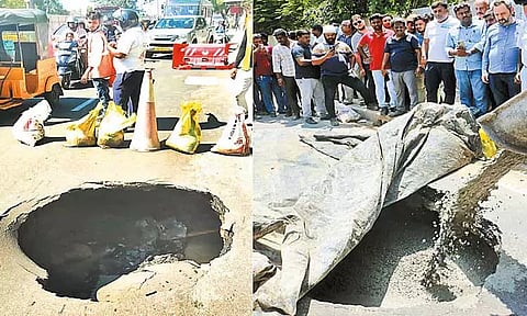 மெட்ரோ ரெயில் பணி நடந்து வரும் அடையாறு பாலம் அருகில் சாலையில் திடீர் பள்ளம்;போக்குவரத்து நெரிசலால் வாகன ஓட்டிகள் அவதி