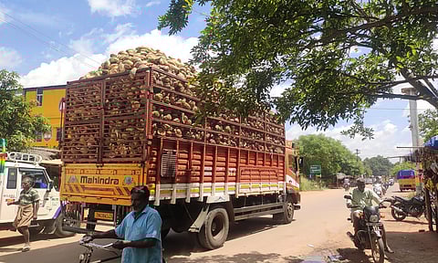 லாரிகளில் ஏற்றிச்செல்லப்படும் தேங்காய் மட்டைகள்