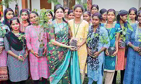 உலக காலநிலை மாற்ற தினம் கடைபிடிப்பு கல்லூரி மாணவிகளுக்கு மரக்கன்றுகள் வழங்கி பசுமை தாயகம் அமைப்பு விழிப்புணர்வு - சவுமியா அன்புமணி பங்கேற்பு