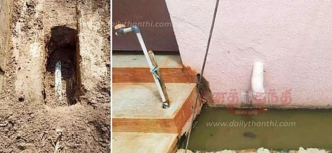 கழிவுநீர் கால்வாய்க்குள் குடிநீர் குழாய் பதித்த அவலம்