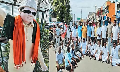 திருப்போரூரில் எம்.ஜி.ஆர். சிலைக்கு காவி துண்டு: அதிமுகவினர் சாலை மறியல்