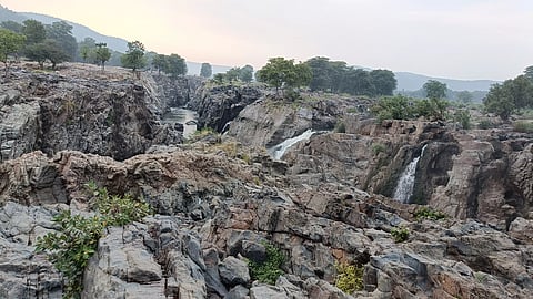 ஒகேனக்கல்லுக்கு நீர்வரத்து வினாடிக்கு2 ஆயிரம் கனஅடியாக குறைந்ததுதண்ணீரின்றி பாறைகளாக காட்சியளிக்கும் ஐந்தருவி