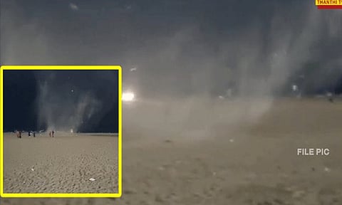 சென்னை மெரினா கடற்கரை மணல் பரப்பில் திடீரென ஏற்பட்ட ராட்சத சுழல் காற்று