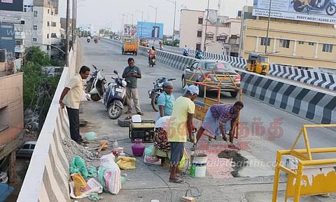 100 அடி சாலை மேம்பாலத்தில் 'பேட்ஜ் ஒர்க்' பணி