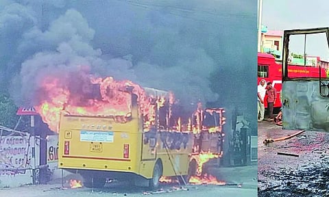 சிதம்பரம் அருகே தனியார் பள்ளி பஸ் தீப்பிடித்து எரிந்ததால் பரபரப்பு