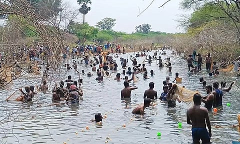 போட்டி போட்டு மீன்களை பிடித்த கிராம மக்கள்