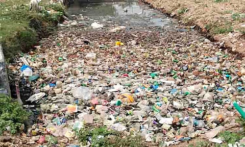 வாய்க்காலில் தேங்கி கிடக்கும் பிளாஸ்டிக் கழிவுகள்