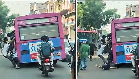 வண்ணாரப்பேட்டையில் மாநகர பஸ் படிக்கட்டில் தொங்கியபடி சென்ற மாணவர் நடுரோட்டில் விழுந்து காயம்