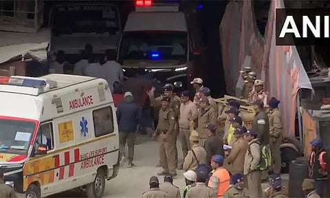 உத்தரகாண்ட் சுரங்கத்தின் வாயிலில் தயார் நிலையில் நிறுத்தப்பட்டு இருக்கும் 41 ஆம்புலன்ஸ்கள்