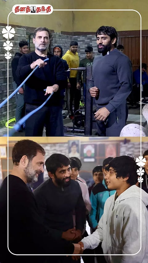 மல்யுத்த வீரர் பஜ்ரங் புனியாவுடன் மல்யுத்தம் விளையாடிய காங்கிரஸ் எம்.பி. ராகுல் காந்தி